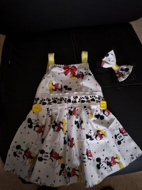 Cute White Mickey Print Dog Dress with Yellow Accents